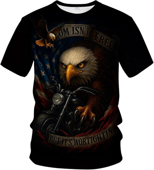 Biker Freedom: Motorcycle Eagle "Worth Fighting For" Graphic Shirt